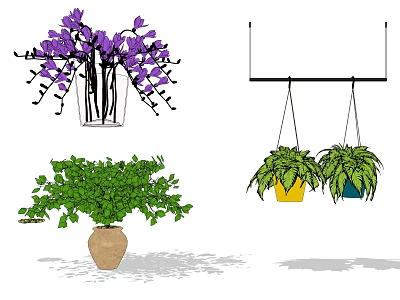 Purple Flowers In Transparent Vase With Green Plants In Terracotta Pot For Interior Decor 3d model