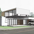 Modern Detached Villa Exterior with Large Glass Windows Terrace Surrounded by Trees and Car