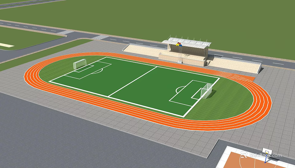 Soccer Field With Green Grass Orange Running Track And Spectator Stand 3d model 