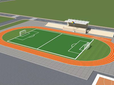 Soccer Field With Green Grass Orange Running Track And Spectator Stand 3d model