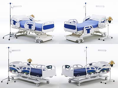 Modern Medical Beds With Blue White Design For Hospital Use And IV Stands 3d model