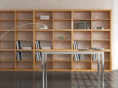 Office Interior With Wooden Bookshelves Books Decorations Metal Leg Table Smooth Floor Arched Floor Lamp 3d model