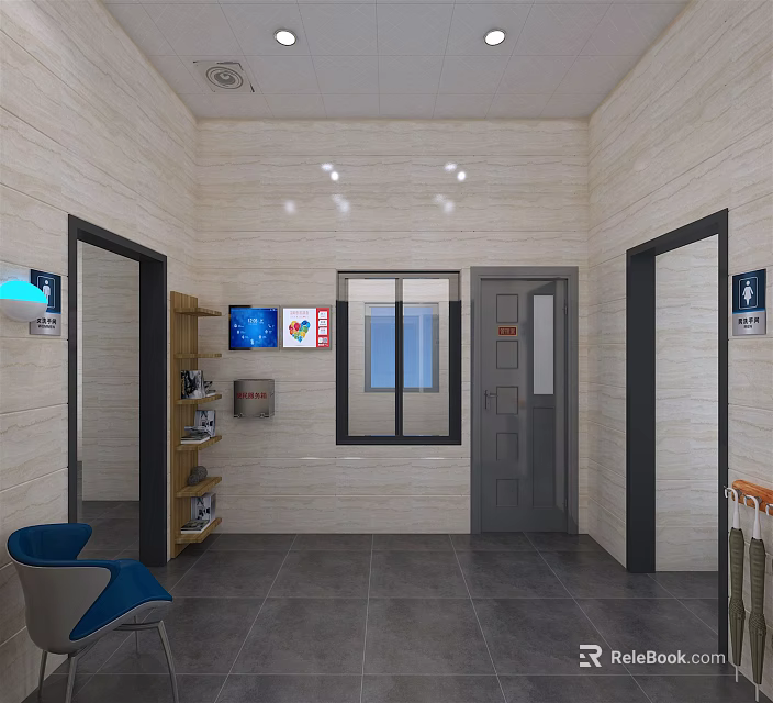 Modern Public Restroom With Clean Interior Washbasin Mirror And Seating Area 3d model 
