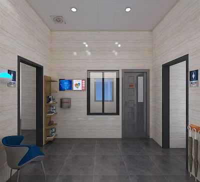 Modern Public Restroom With Clean Interior Washbasin Mirror And Seating Area 3d model