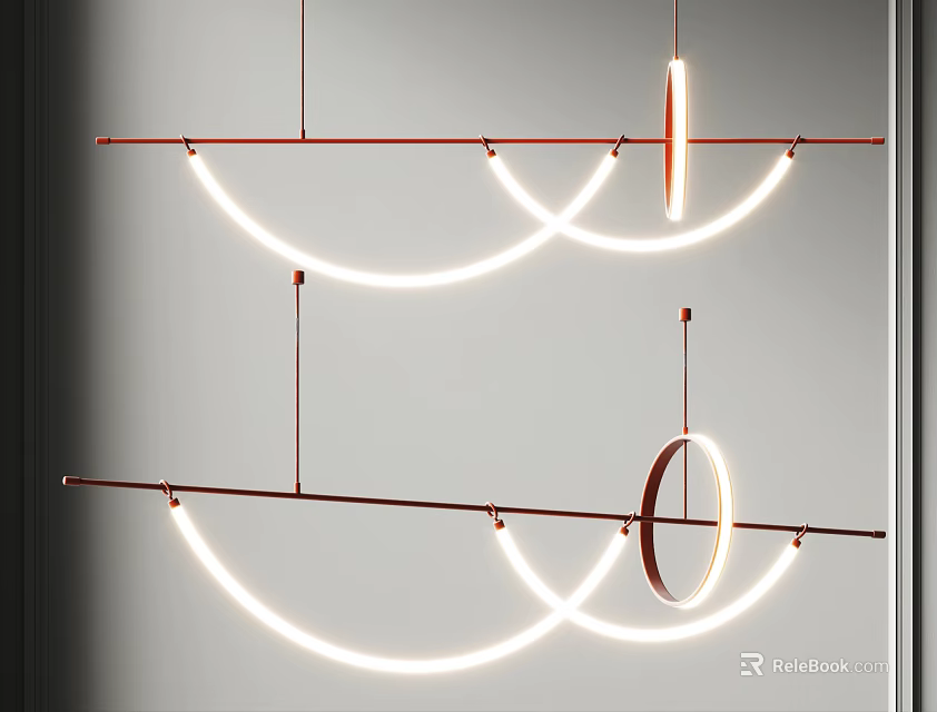 Modern Chandelier Design Featuring Red Bars And Illuminated Curved Light Strips For Contemporary Interior Spaces 3d model 