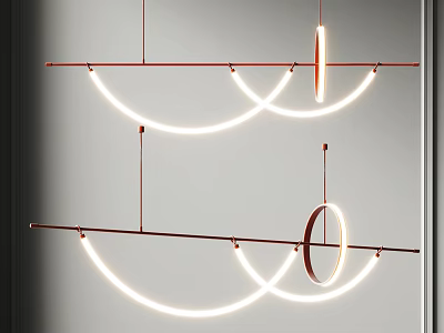 Modern Chandelier Design Featuring Red Bars And Illuminated Curved Light Strips For Contemporary Interior Spaces 3d model