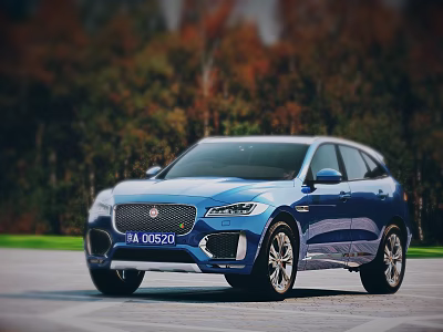 Blue Jaguar SUV Parked On Scenic Road With Autumn Trees Background 3d model