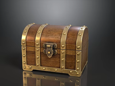 Classic Wooden Treasure Chest With Brass Rivets Lock And Reflective Surface 3d model
