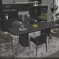 Modern Dining Table Set With Marble Top Chairs Fruit Platter And Green Plants In Kitchen
