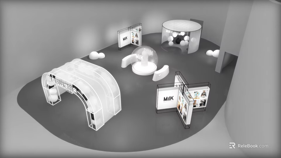 Modern Exhibition Booth Design With Curved Structure Spherical Installation MIK Signage And Panel Displays 3d model 