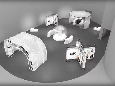 Modern Exhibition Booth Design With Curved Structure Spherical Installation MIK Signage And Panel Displays 3d model