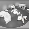 Modern Exhibition Booth Design With Curved Structure Spherical Installation MIK Signage And Panel Displays