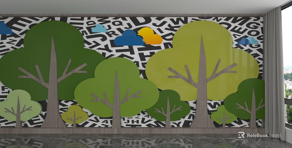 Colorful Trees and Clouds on Black White Letter Pattern Wall Mural Design 3d model 