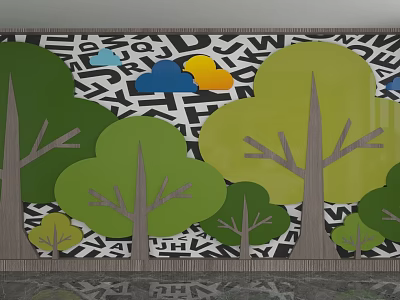 Colorful Trees and Clouds on Black White Letter Pattern Wall Mural Design 3d model