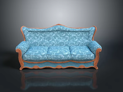 Classic Style Blue Sofa With Floral Pattern Upholstery And Carved Wooden Frame 3d model