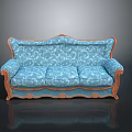 Classic Style Blue Sofa With Floral Pattern Upholstery And Carved Wooden Frame