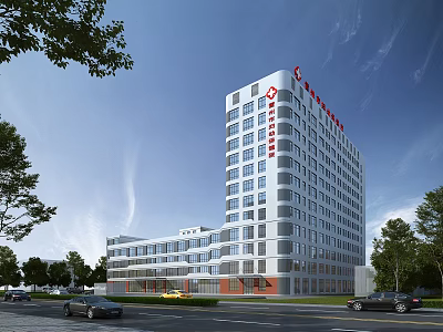 Modern Hospital Building Main Entrance Exterior With Trees Road And Vehicles 3d model