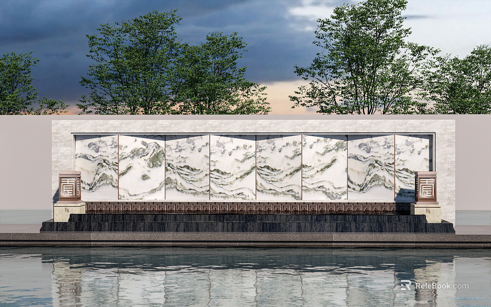 Scenic Wall With Landscape Painting Stone Panels Surrounded By Trees And Water Reflection 3d model 