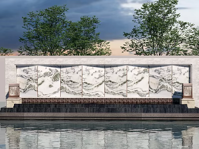 Scenic Wall With Landscape Painting Stone Panels Surrounded By Trees And Water Reflection 3d model