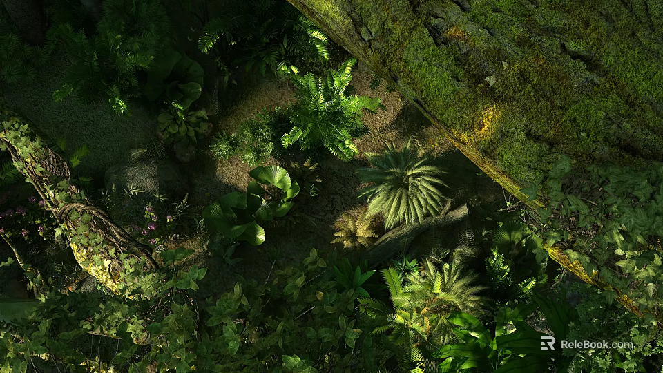 Lush Green Flowers And Plants In Natural Jungle With Sunlight And Diverse Leaves 3d model 