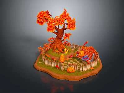Cartoon Autumn Scene With Maple Tree Orange Leaves Pumpkins Wooden Bench And Fence 3d model