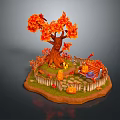 Cartoon Autumn Scene With Maple Tree Orange Leaves Pumpkins Wooden Bench And Fence