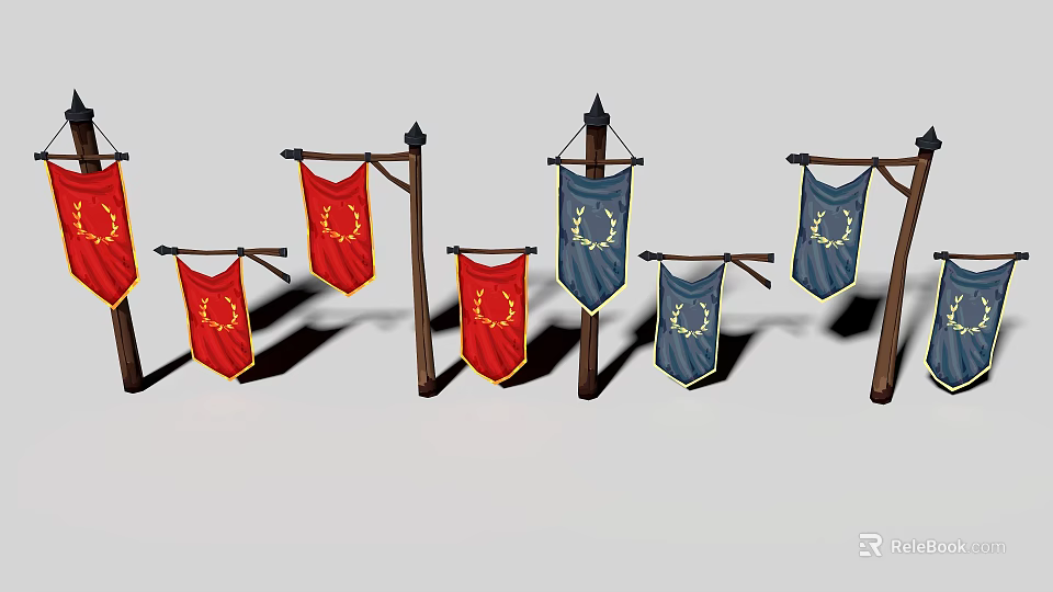 Red and Blue Flags with Golden Laurel Wreath Badges Hanging on Wooden Poles 3d model 