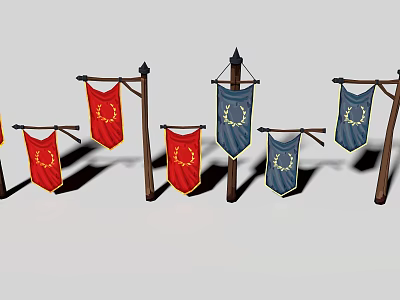 Red and Blue Flags with Golden Laurel Wreath Badges Hanging on Wooden Poles 3d model