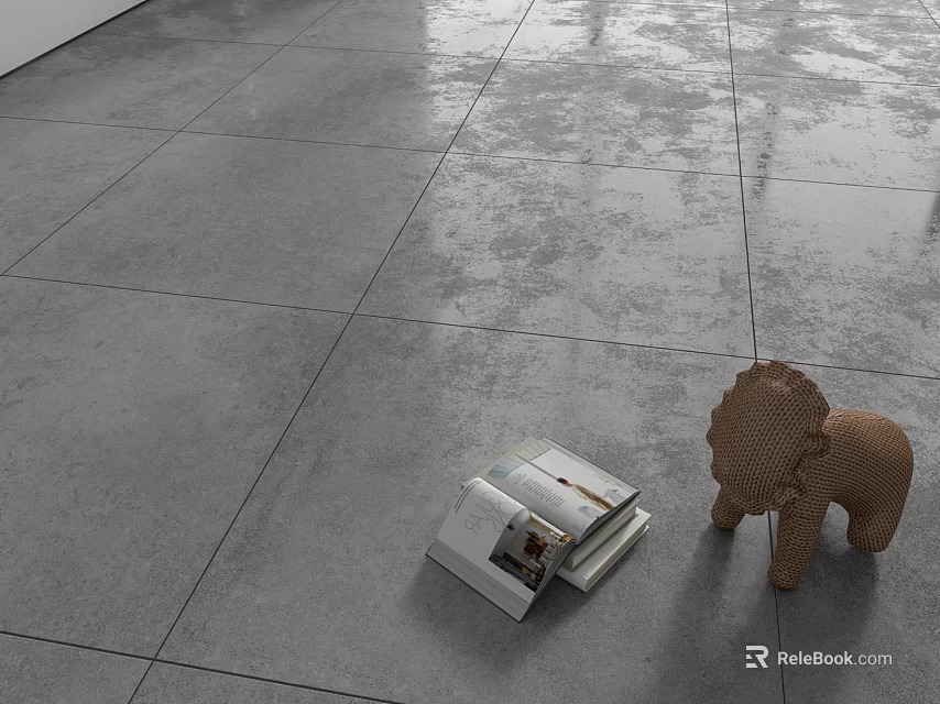 Modern Gray Floor Tiles With Open Magazine And Brown Woven Elephant Ornament On Indoor Floor 3d model 