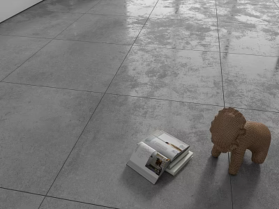 Modern Gray Floor Tiles With Open Magazine And Brown Woven Elephant Ornament On Indoor Floor 3d model