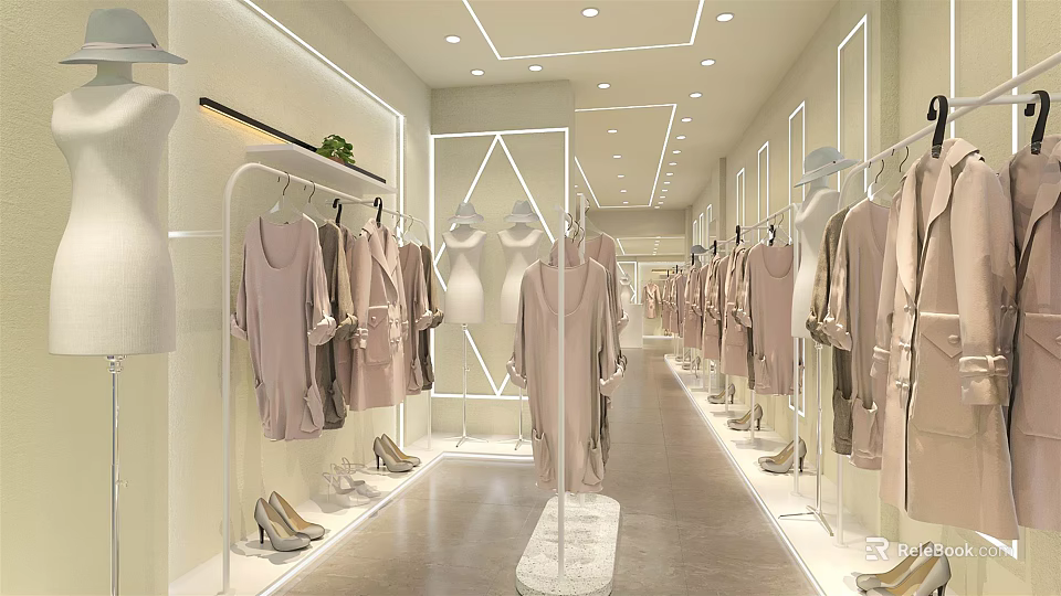 Modern Clothing Store Interior With Clothes On Racks Mannequins And Shoes 3d model 