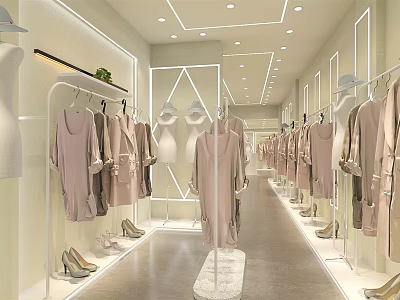 Modern Clothing Store Interior With Clothes On Racks Mannequins And Shoes 3d model