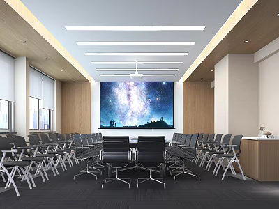 Modern Conference Room With Large Screen Many Chairs Wooden Walls And Ceiling Lights 3d model