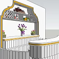 Curved White Bar Counter With Decorative Shelf Wine Bottles Spices Vase Purple Flowers Green Plants