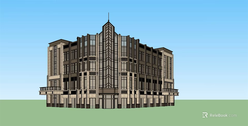 Modern Commercial Complex Featuring Multi story Structure Large Glass Windows And Symmetrical Spire 3d model 