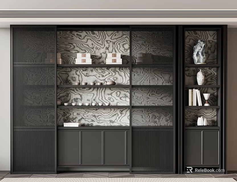 Modern Black Frame Tea Cabinet With Marble Pattern Background Shelves And Decorative Items 3d model 