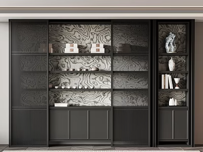 Modern Black Frame Tea Cabinet With Marble Pattern Background Shelves And Decorative Items 3d model