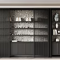 Modern Black Frame Tea Cabinet With Marble Pattern Background Shelves And Decorative Items