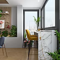 Home Balcony Interior Design With Round Dining Table Blue Chairs Plants And City View