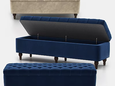 Navy Blue Velvet Storage Ottoman With Tufted Design And Wooden Legs 3d model