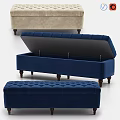 Navy Blue Velvet Storage Ottoman With Tufted Design And Wooden Legs