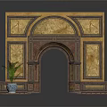 Ornate Architectural Structure Featuring Arched Doorway With Decorative Golden Brown Panels And Potted Plant