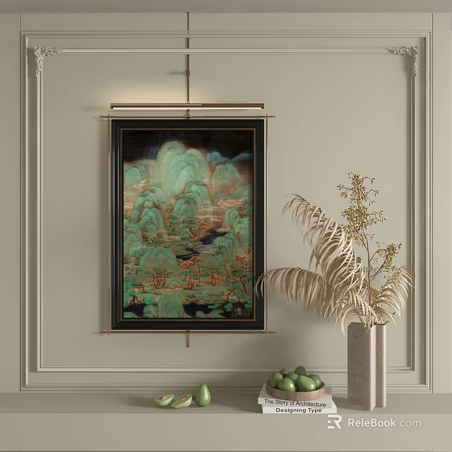 Abstract Painting With Green Tones On Modern Wall And Decorative Frame With Potted Plant Artistic Design 3d model 