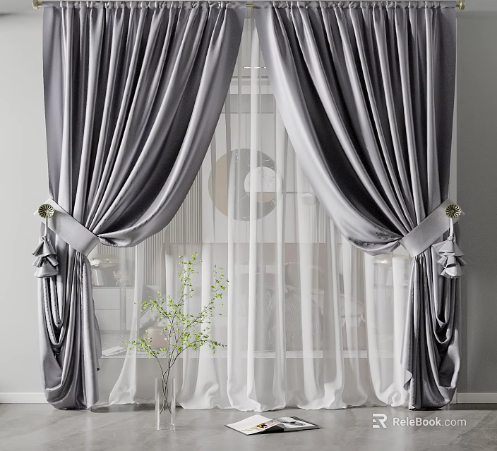 Gray Velvet Curtains With Sheer White Undercurtains And Tieback Details For Home Interior 3d model 