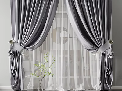 Gray Velvet Curtains With Sheer White Undercurtains And Tieback Details For Home Interior 3d model