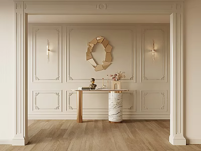 Elegant Entryway Console Table With Gold Octagonal Mirror White Wainscoting Wall Sconces And Marble Top 3d model