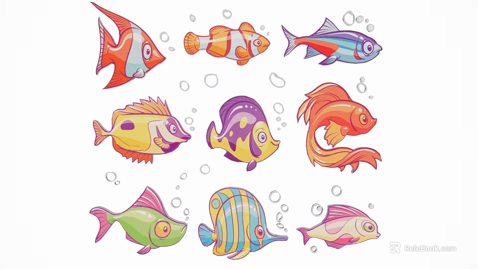 Colorful Cartoon Fish Silhouette with Vibrant Bubbles and Playful Design 3d model 
