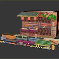 Cartoon Scene Of Colorful Stall With Green Roof Red Brick Wall And Cherry Blossom Decorations