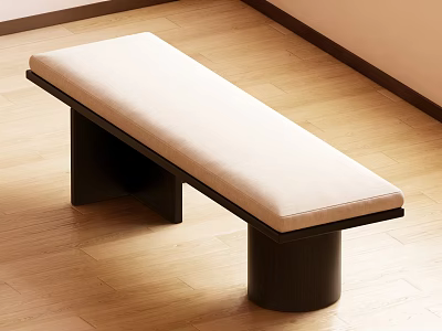 Modern Light Upholstered Bench With Black Wooden Base On Light Wooden Floor 3d model