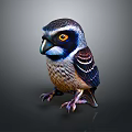 Bird Sculpture With Colorful Feathers Yellow Eyes Black Beak Sharp Claws Against Dark Background